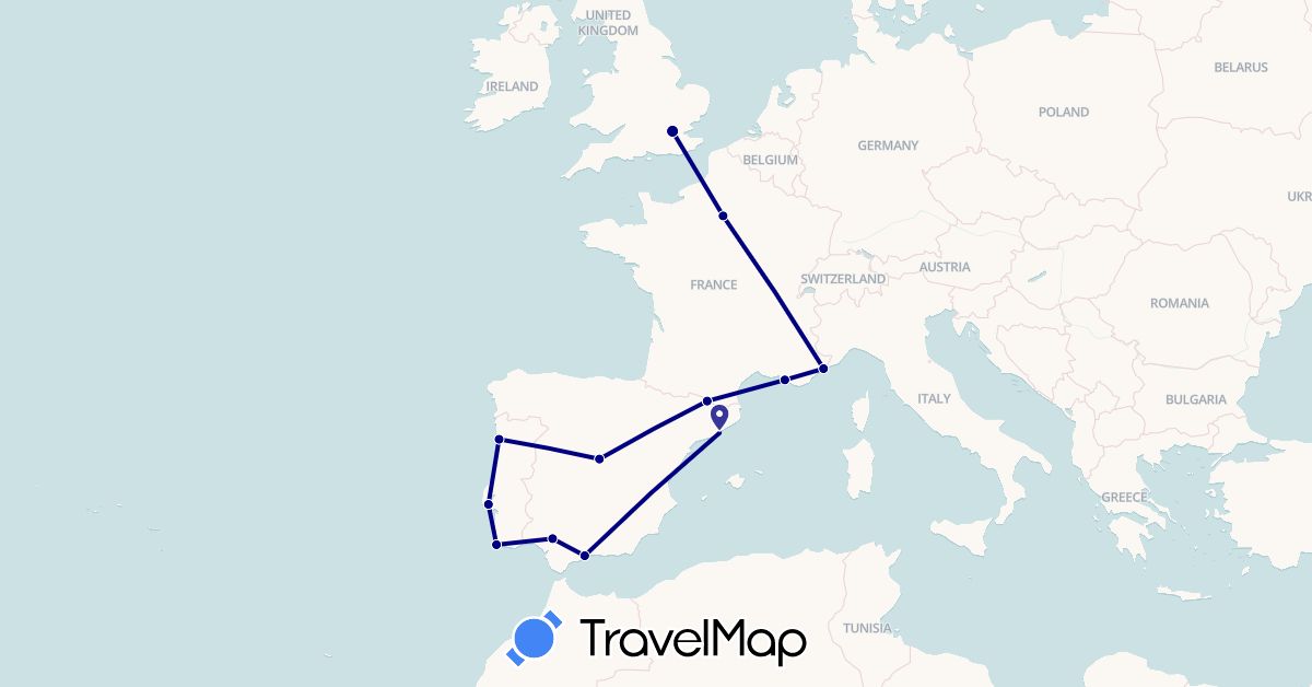TravelMap itinerary: driving in Andorra, Spain, France, United Kingdom, Portugal (Europe)