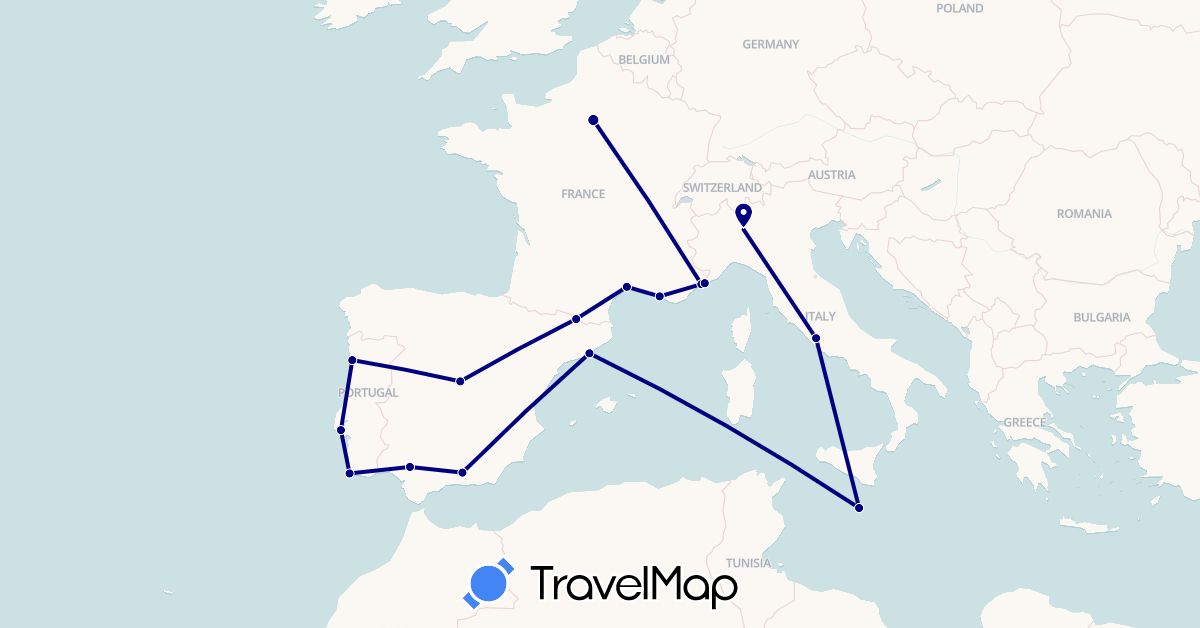 TravelMap itinerary: driving in Andorra, Spain, France, Italy, Monaco, Malta, Portugal (Europe)